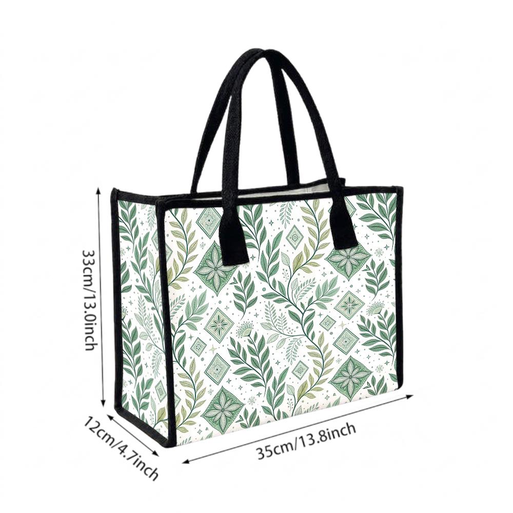 Green Leaf Pattern Tote Bag Portable Daily Canvas Shoulder Handbag for Outdoor Shopping