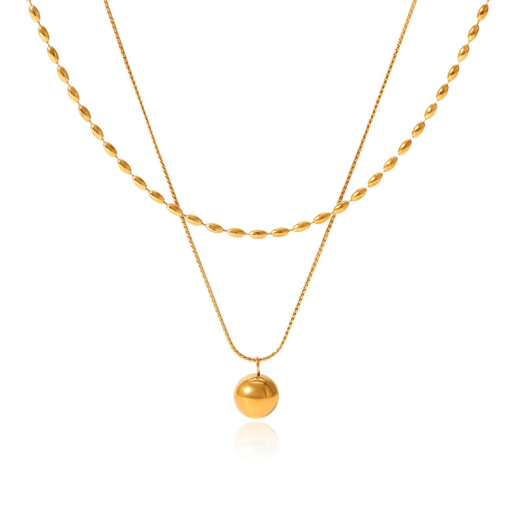 Double Layer Twist Chain Titanium Steel Necklace with Oval Beads Small Gold Ball Pendant Fade Resistant Jewelry
