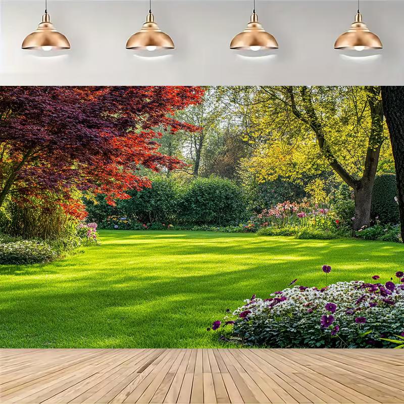 2D Sunlit Lawn Backdrop with Trees and Flower Garden Background