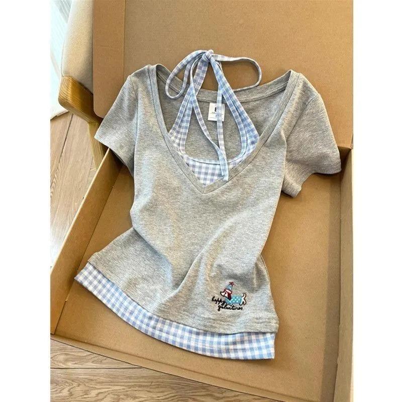 

Women s Fake Two-Piece Halter Gingham Short Sleeve T-Shirt S серый