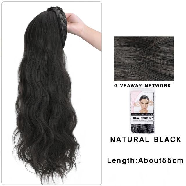 Synthetic Long Wavy Headband Wig Black Brown Women's With Twist Braid Hairband Accessories Natural Half Wig