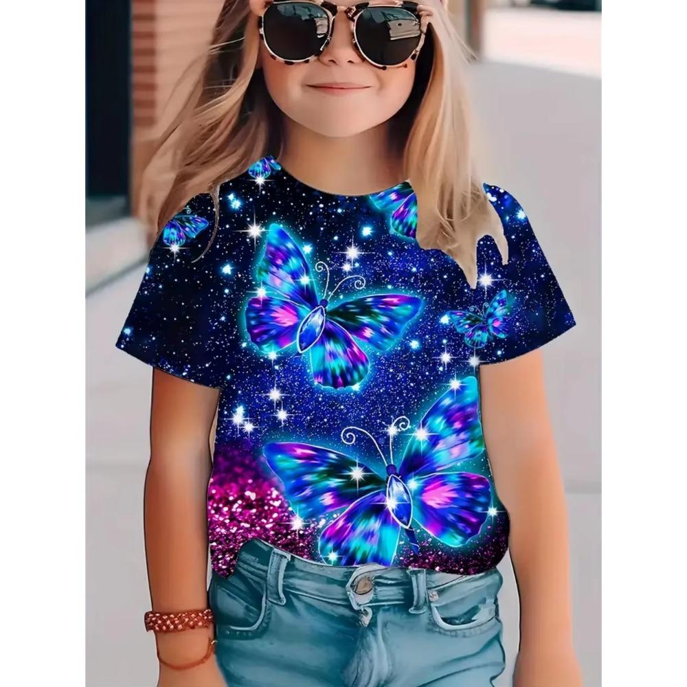 Children's clothing for girls, short sleeved girls' T-shirts, butterfly printed cute round neck girls' tops, children's summer clothes