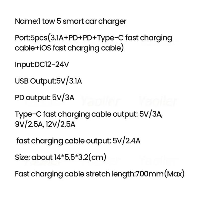 NEW 5-IN-1 100W Retractable Car Charger Mobile Phone USB PD Type C Cable for IPhone Fast Charge Cord Car Socket Adapter