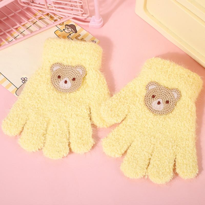 Fashion Bear Baby Fluffy Gloves Cartoon Pattern Gloves Solid Color Full Finger Knitted Mittens Girls