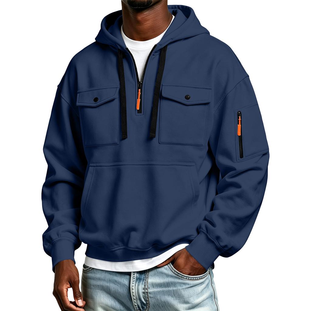 Herren-Farbiger Kapuzenpullover mit halbem Reißverschluss und Ärmeltasche