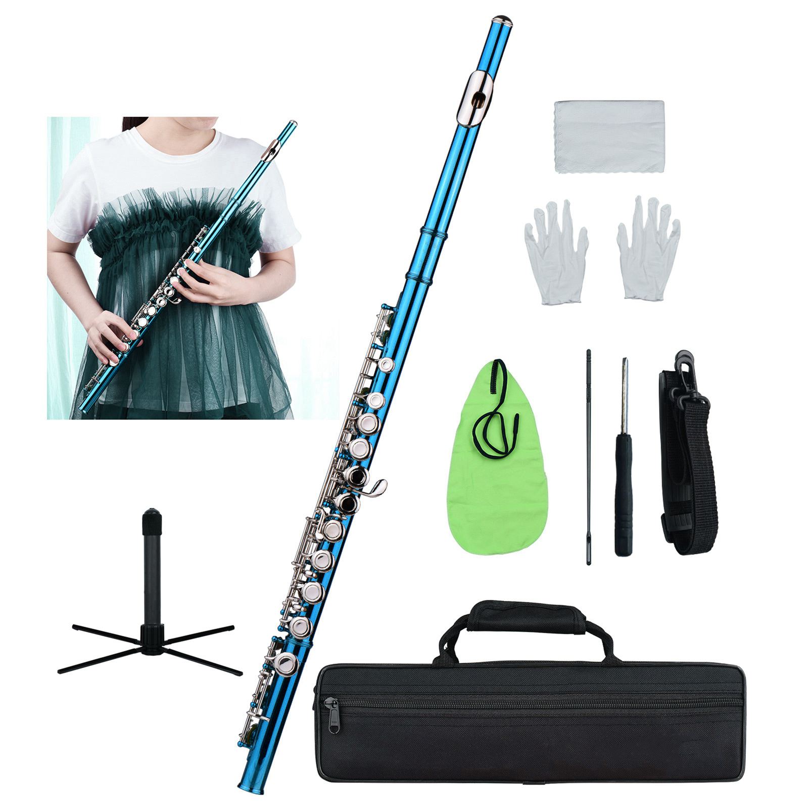 

Флейта до с закрытыми отверстиями, 16 клапанов, из мельхиора с никелевым покрытием, духовой инструмент с кейсом для переноски, подставкой для флейты, перчатками, чистящей салфеткой