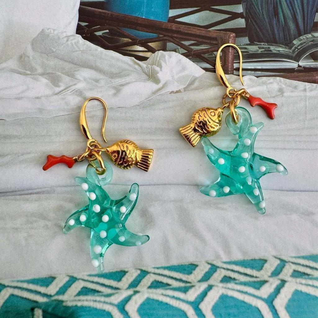 Starfish Ocean Earrings: Seahorse Series with Goldfish and Coral Design in Stainless Steel