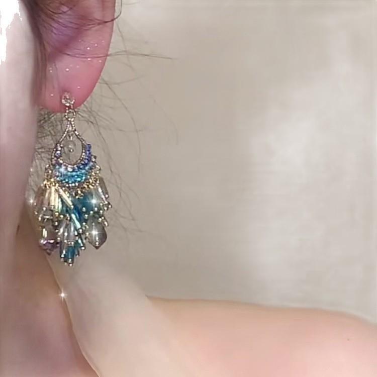 Silver Needle Rhinestone Geometric Glass Tassel Earrings - High-End Fashion Accessories for Women