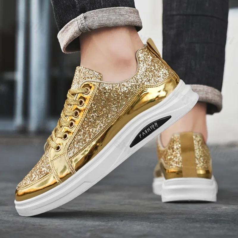 Fashion Gold Men's Sneakers 2025 New Luxury Fashion Skateborad Shoes Glitter Casual Shoes Men Platform Vulcanize Shoes Big Size Tenis