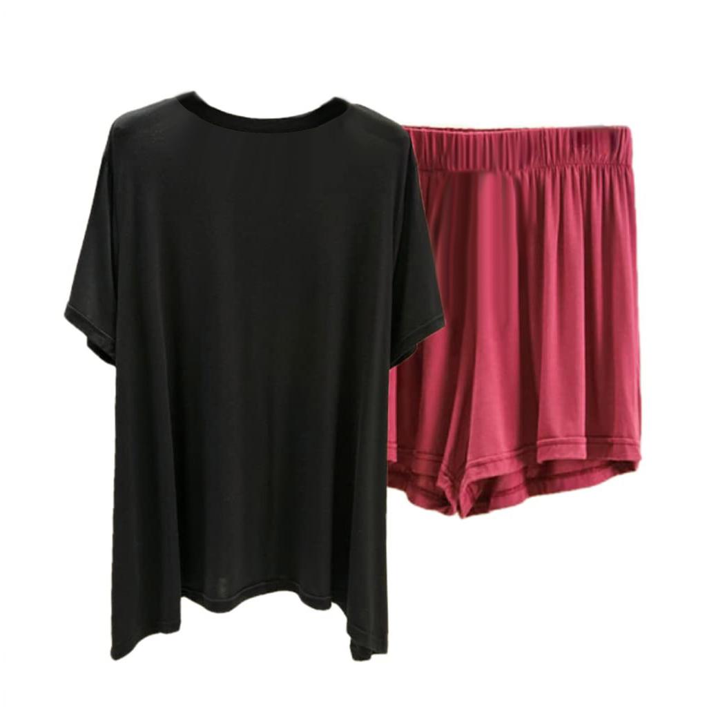 Damen Lockeres Casual Rundhals Kurzarm T-Shirt Shorts Set Farbe Pyjama
