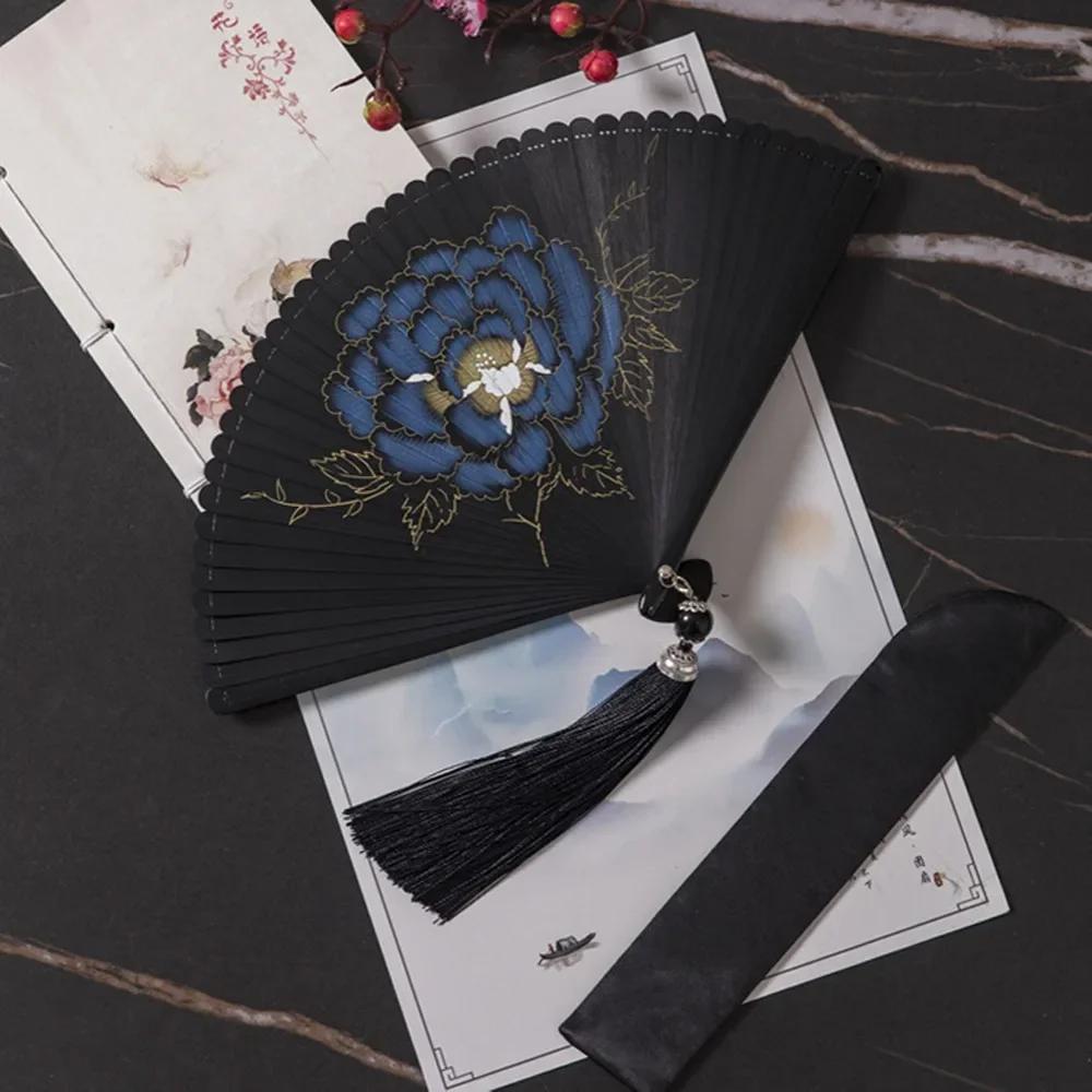 Chinese Style Japanese Classical Folding Fan Black Ancient Style Women's Folding Fan Portable Handmade Hand Fans Home Decoration