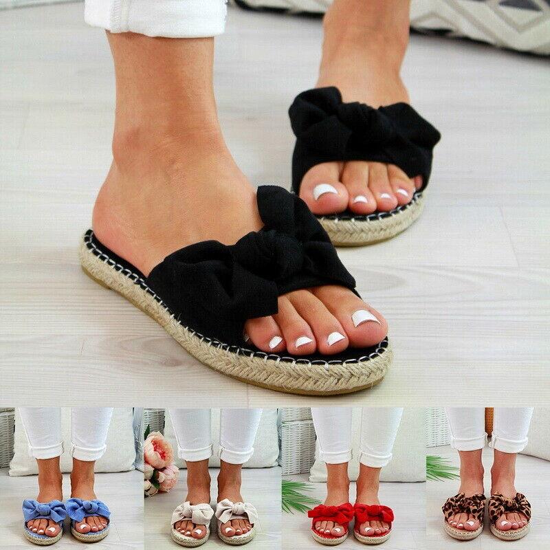 Elegant Women Slip On Sandals Bow Flat Mule Espadrille Shoes Summer Sliders