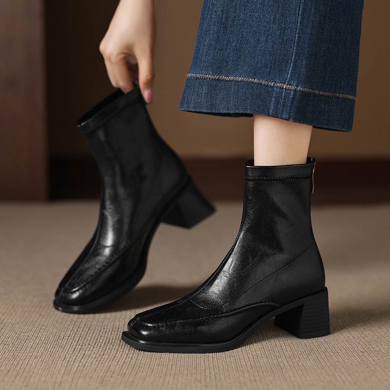 Krazing Pot Botines Chelsea de Puntera Cuadrada con Tacón Grueso de Microfibra Talla 42 Cremallera Decoración Plisada para Mujer Botines Elásticos en el Tobillo