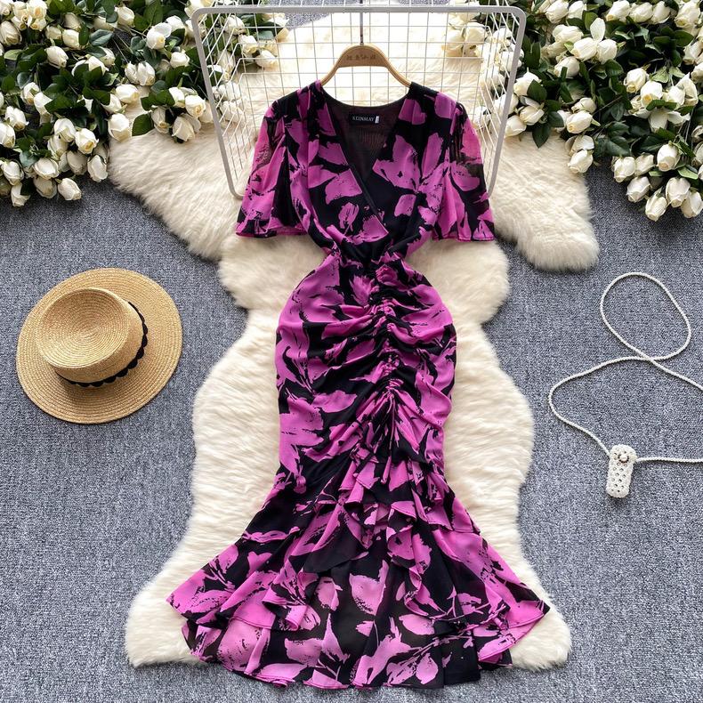 

Французское темпераментное длинное платье с v-образным вырезом на талии и цветочным принтом с рюшами по краям для женщин, новые летние платья с короткими рукавами M розы красного