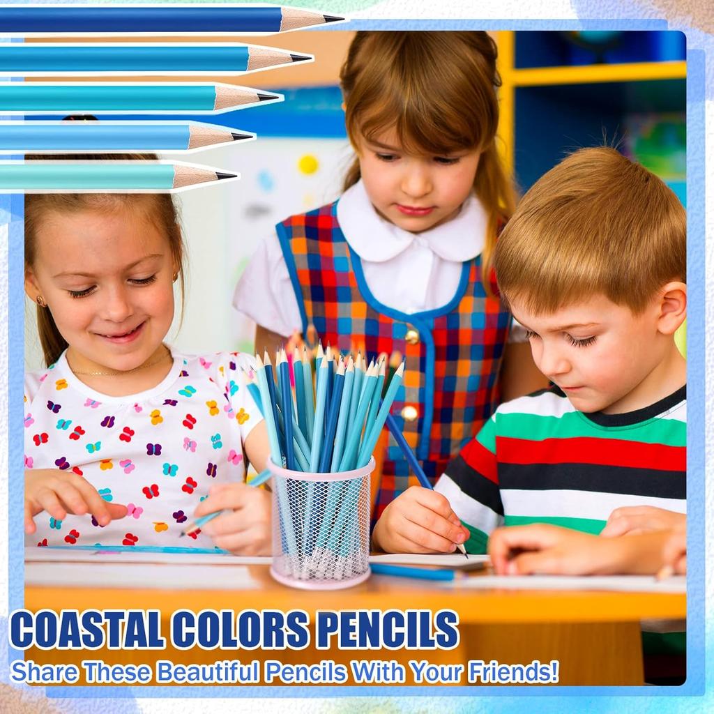 CHENGU 36 Pack Coastal Blue Pencils with Eraser Unsharpened Fun Cute Erasable Checking Wooden Summer Pencils for Adults Office Drawing Sketching