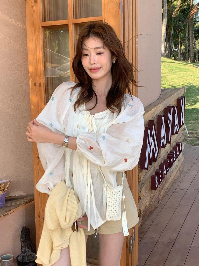 Women's Long Sleeve Lemon Green Tea Floral Embroidered Shirt – Slimming Tie-Up Sun Protection Top