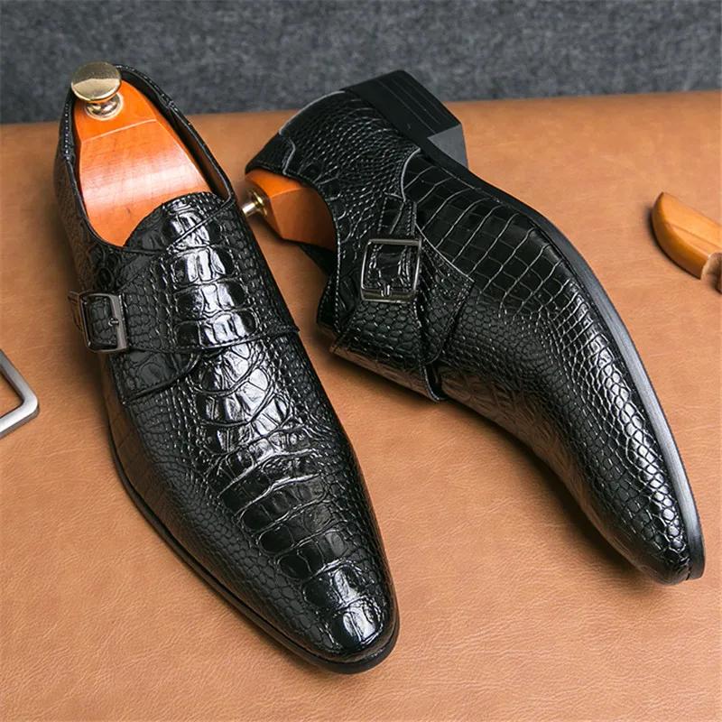 New Pointed Alligator Pattern Chelsea Shoes Men Designer Monk Strap Loafers Formal Wedding Prom Dress Footwear Shoes for Men