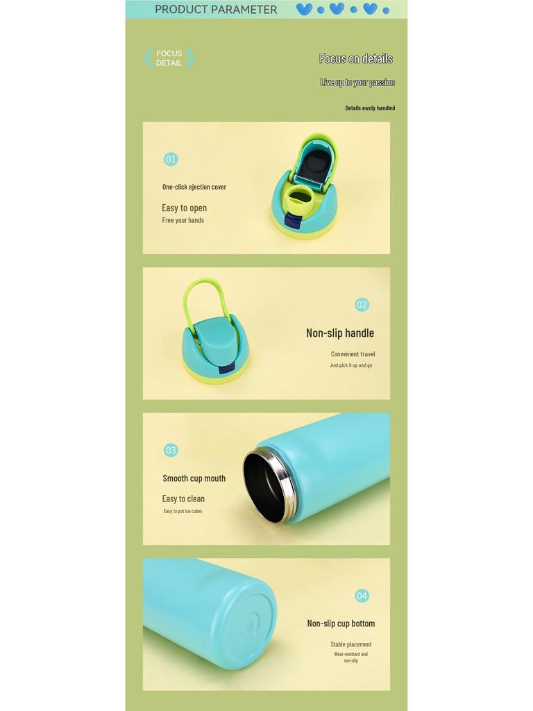 Double-Drink Lid Stainless Steel Insulated Sports Cup with Straw, Large Capacity, Flip-Top, Carry Rope