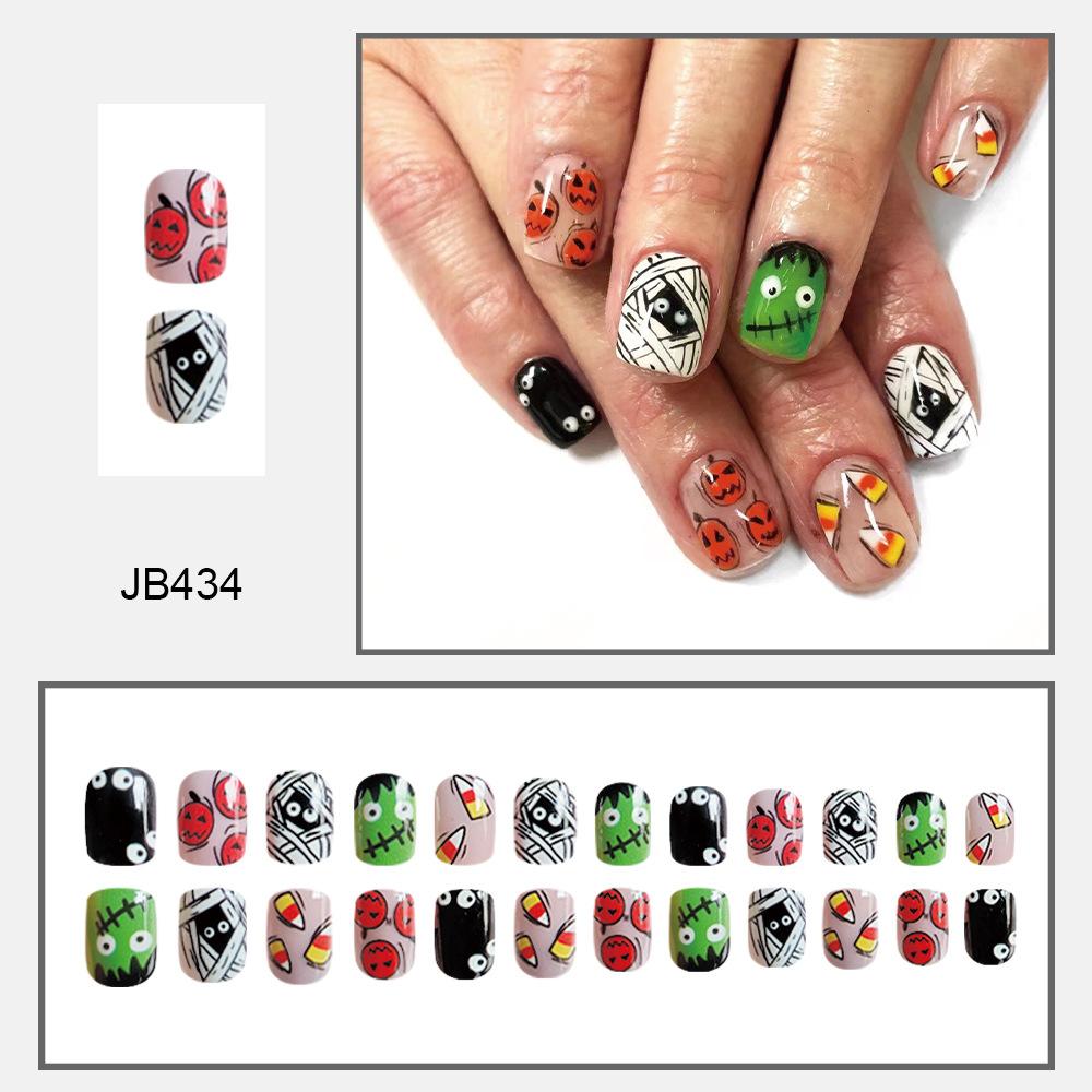 

24 шт. накладных ногтей на Хэллоуин короткие квадратные ногти повязка на глаза зеленое лицо тыква накладные ногти носимые ногти праздничный маникюр