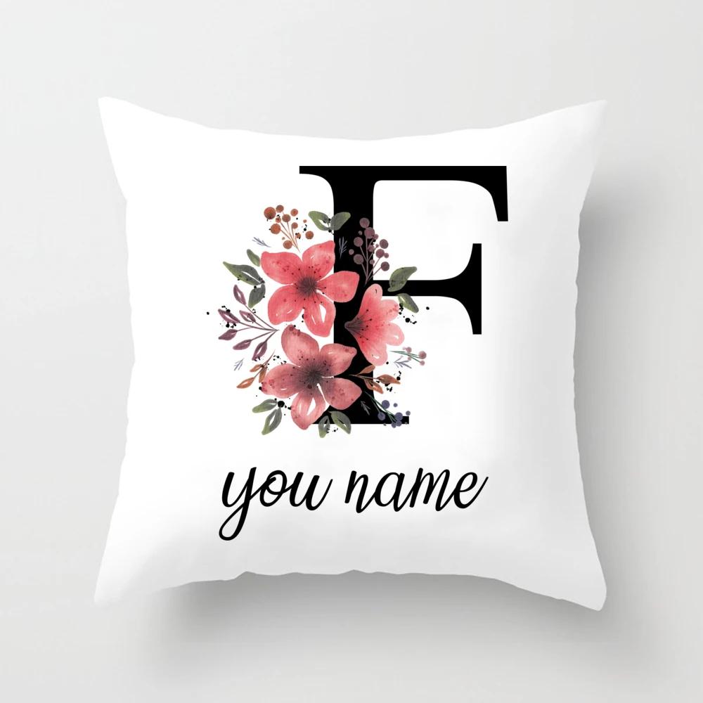 Personalized Name Flower Letter Pillow Case Alphabet Print White Square Pillow Case Dust Cover Bedroom Party Decoration