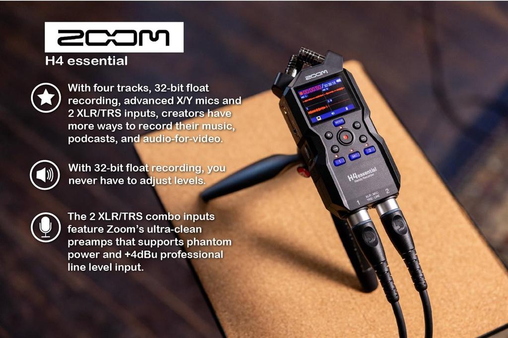 Zoom H4n Essential Handheld Recorder Bundle with Accessory Pack 32GB MicroSD Card 2 XLR Cables 4 AA Batteries and Charger
