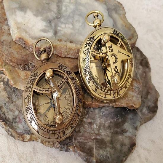 Set of 2 Antique Brass Lid Sundial Compass Polished Sundial Compass Pocket Gift