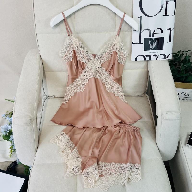 Sommer Frauen Strumpf 2Pcs Pyjamas Set Sexy Patchwork Spitze Chemise Nachtwäsche Intimate Dessous Lose Seide Satin Hause Kleidung
