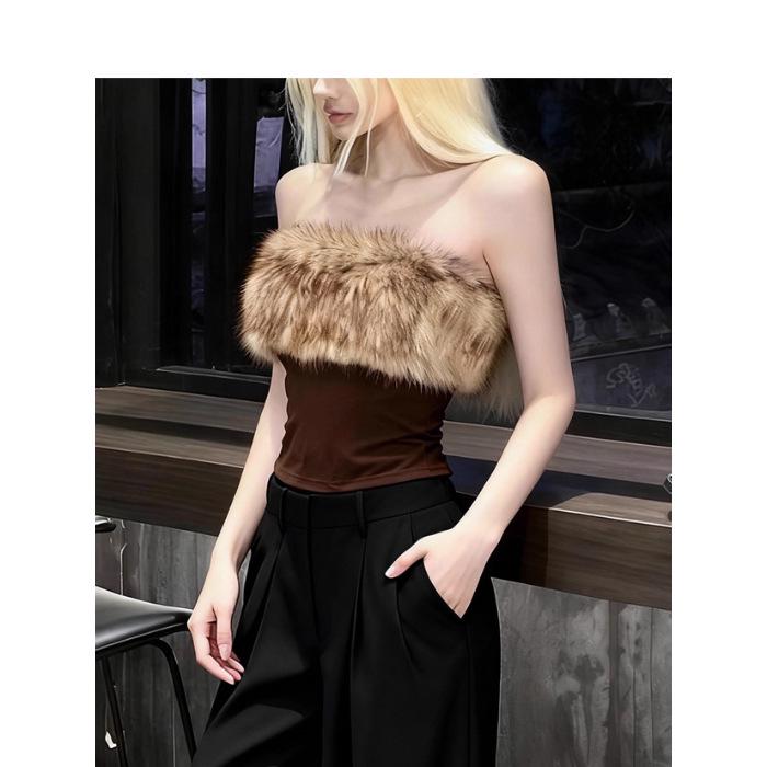 Retro Spicy Girl Off-Shoulder Bodycon Vest – Slim Fit Patchwork Bandeau for Winter 2025 Medium