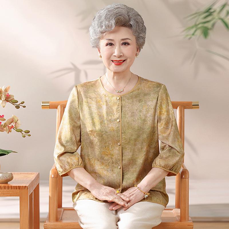

Grandma s Summer Round Neck Cardigan 2026: New Style Top for Middle-Aged & Elderly Women L [Recommended for under 100 jin]