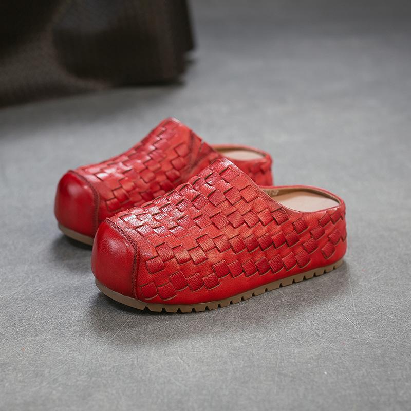 Johnature Handmade Woven Round Toe Outdoor Platform Slippers Genuine Leather Versatile Women's Shoes