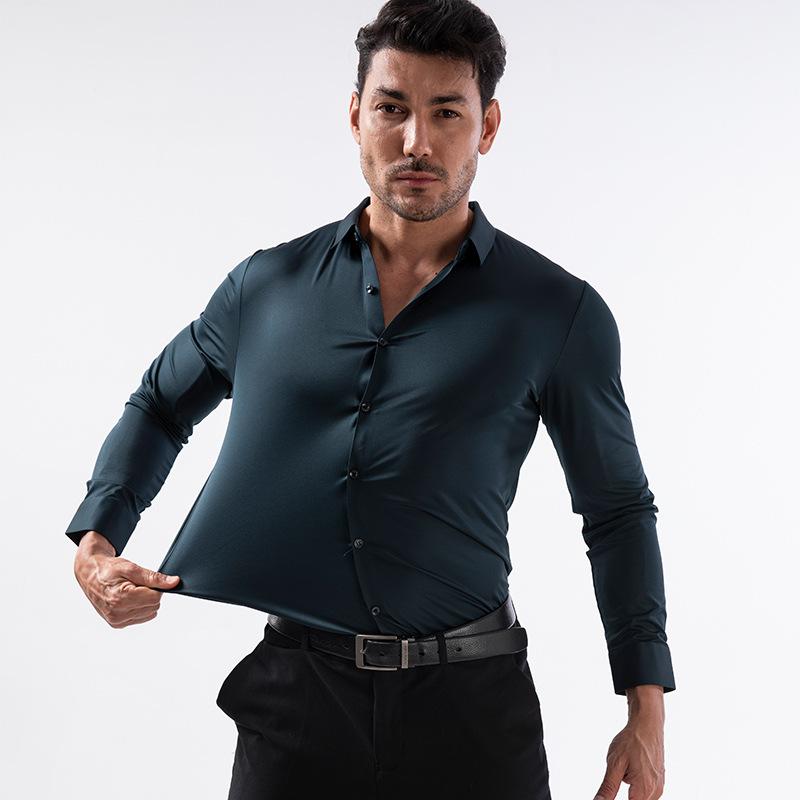 Men S Long Sleeve Stretch Solid Color Business Casual Shirt