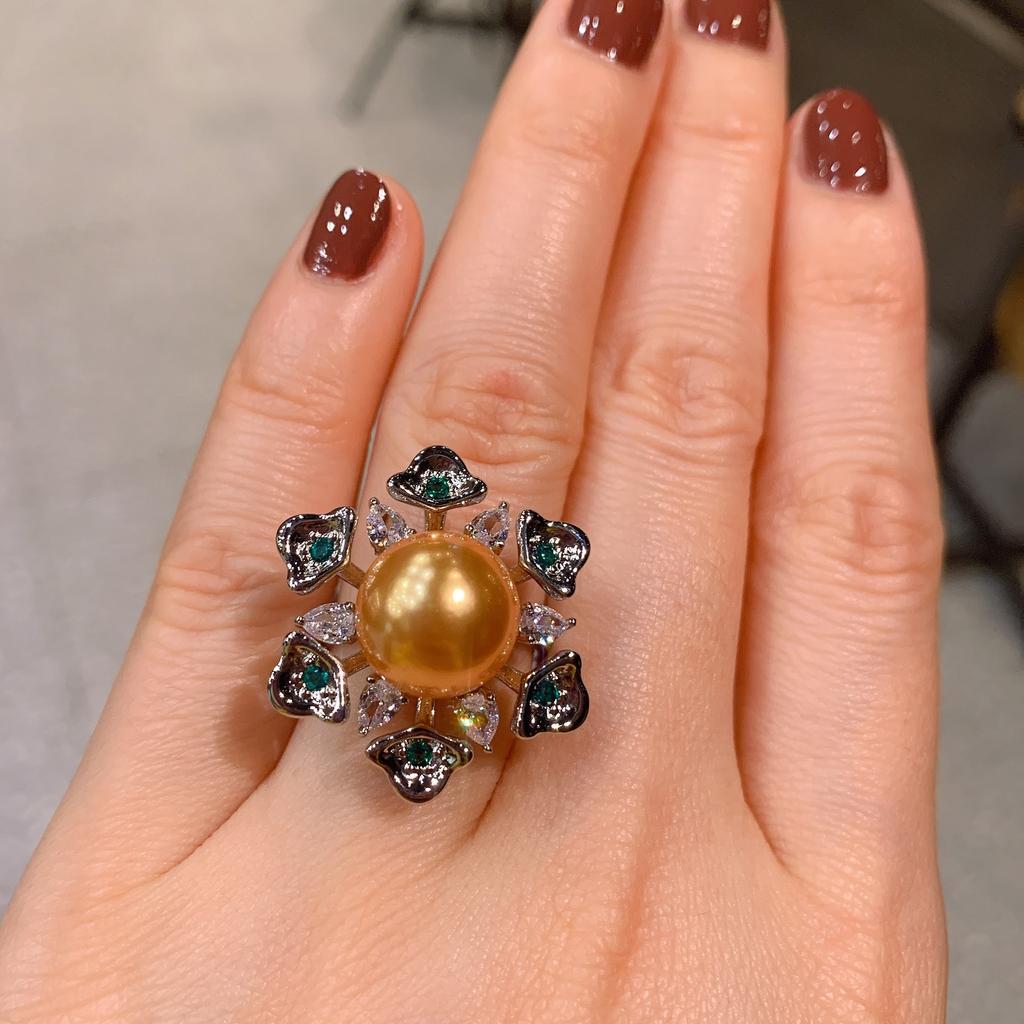 Tiktok Cross-border Australian Fritillary Pearl Micro Inlaid Green Ring Fashion Adjustable