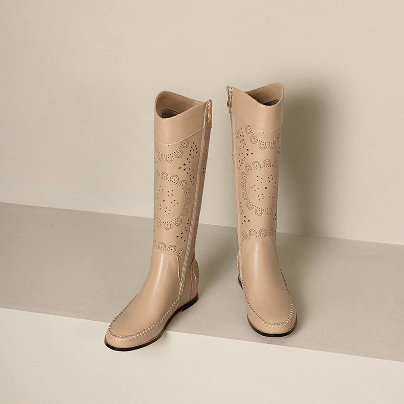 Krazing Pot Rindsspaltleder Runde Zehe Größe 43 Sommerstiefel Mode Ritterstiefel Hohle Verzierungen Herbststiefel Oberschenkelhohe Stiefel