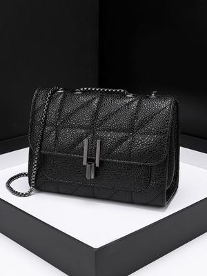 Bolsa Quadrada com Detalhes Acolchoados Clássicos Couro PU de Alta Qualidade Grande Capacidade Casual Bolsa Transversal Cor Sólida Grade Diamante Bolsa de Corrente