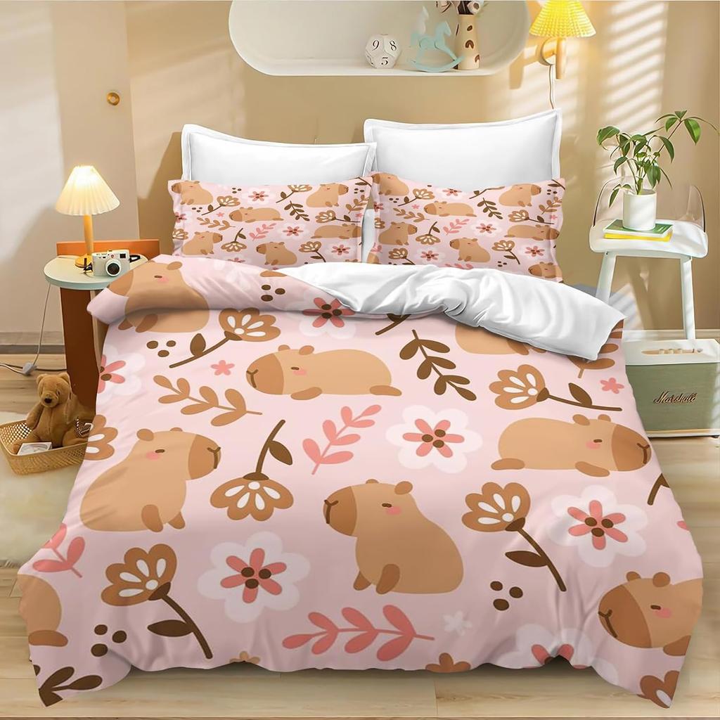 Cute Capybara Duvet Cover Single, Kawaii Animal Funny Wildlife Rodent Green Brown Bedroom Decor Quilt Cover Set for Children