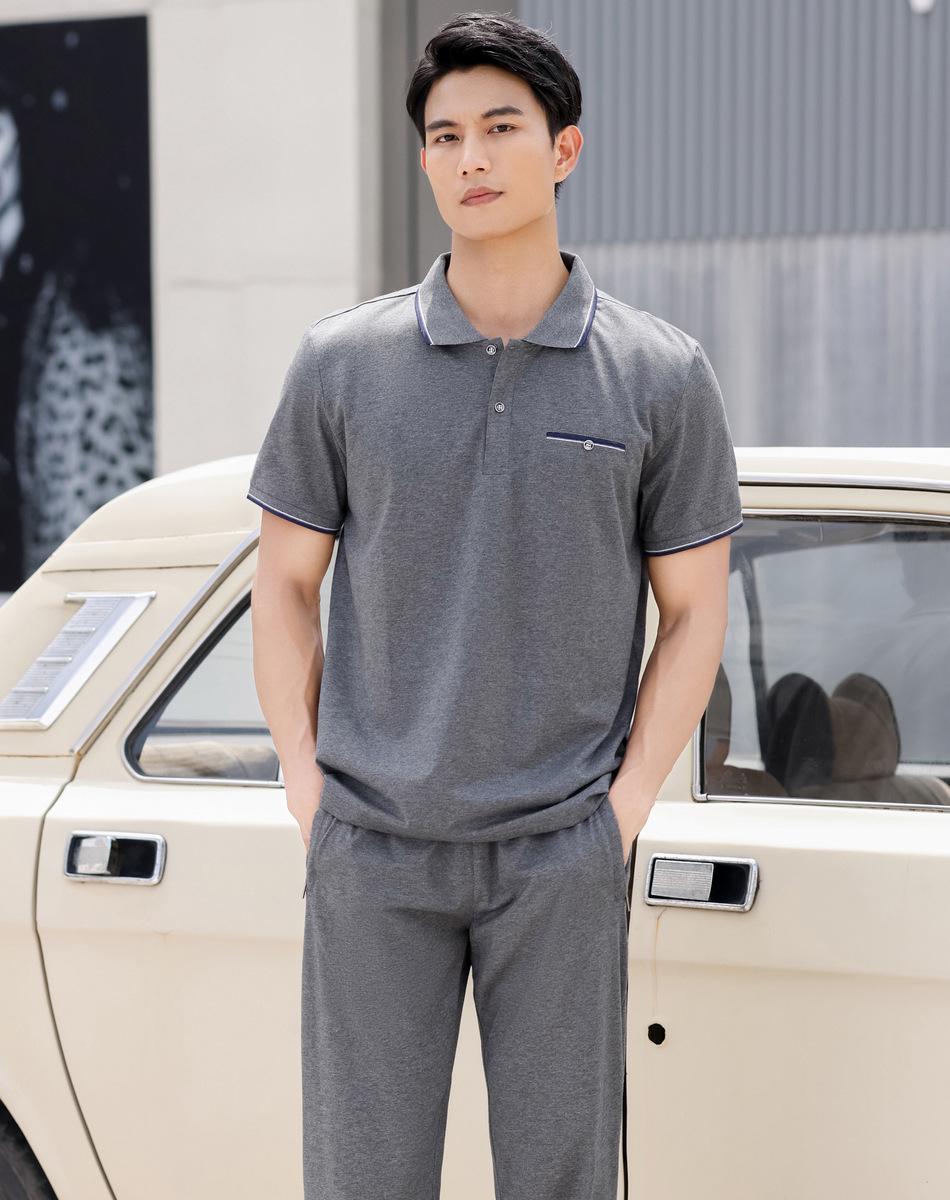 

Мужской повседневный костюм с лацканами - Футболка с коротким рукавом и длинные брюки, Летний, Свободный крой, Большой размер M