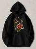 Black Pullover Hoodie with Vintage Dragonfly And Red Floral Print Unisex Casual Sweatshirt with Kangaroo Pocket for Daily Wear