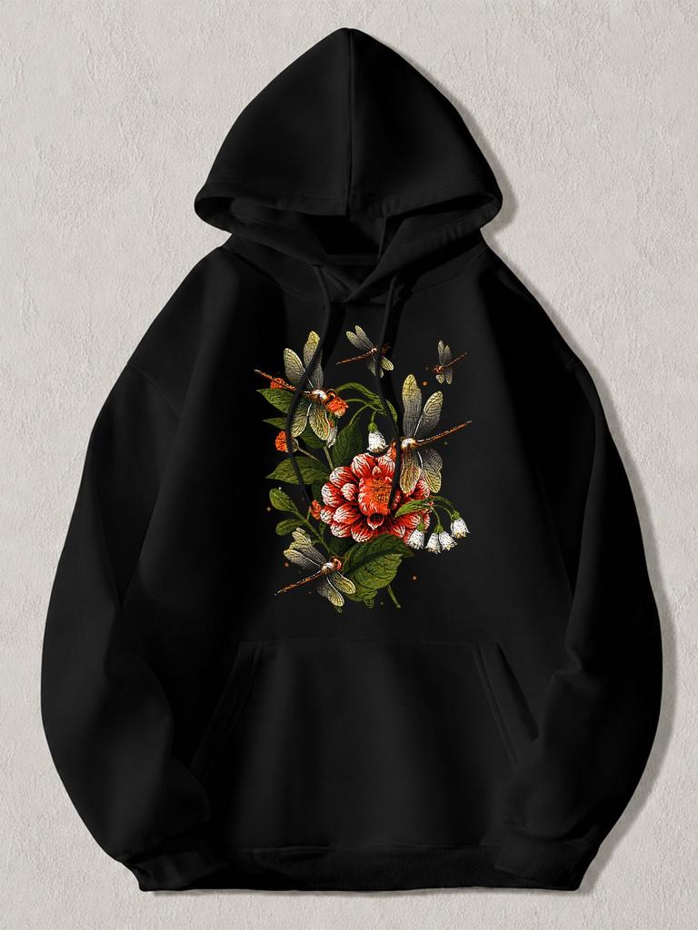 Black Pullover Hoodie with Vintage Dragonfly And Red Floral Print Unisex Casual Sweatshirt with Kangaroo Pocket for Daily Wear