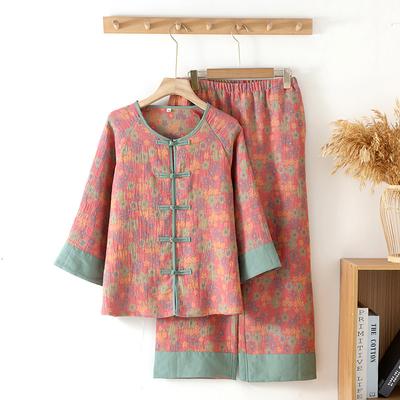 Chinese Style Women's Pure Cotton Jacquard Gauze Pajamas Spring / Autumn Nine-point Sleeves Nine-point Pants Loungewear