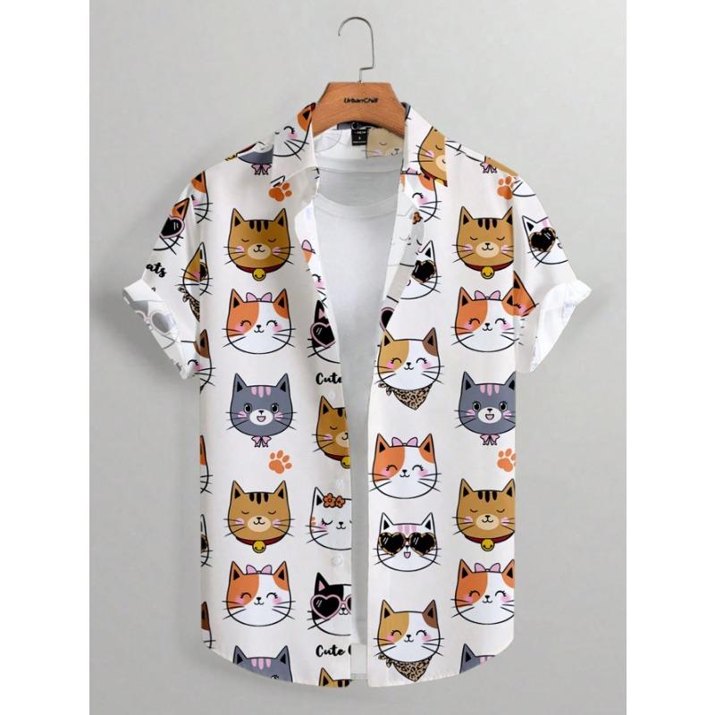 2026 New Fashionable Hawaiian Men's Cute Cat Printed Casual Harajuku Short Sleeved Shirt
