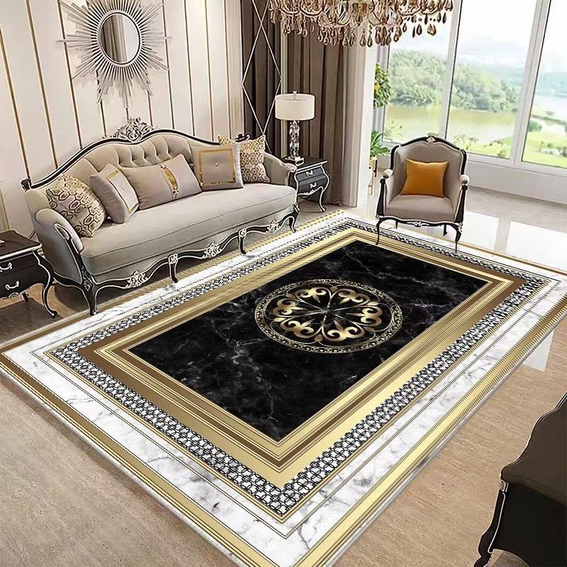 Luxury Marble Carpet with Gold Edging, Anti Slip Carpet Geometric Pattern Mat Living Room Bedroom High-end Home Decoration