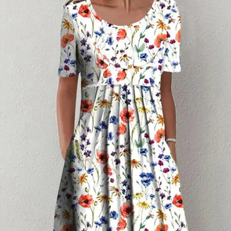 Spring and Summer Floral Print Crew Neck Pocket Women's Fashion Casual Crew Neck Trend Print Medium and Long Dress