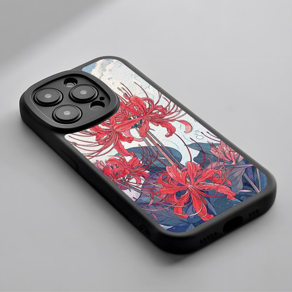 Red Spider Lily Japan Art Fashion Design Phone Case For iPhone 16 15 14 13 12 11 Plus Pro Max Lambskin Silicone Cover Black