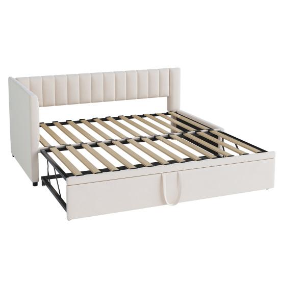 Multifunctional Sofa Bed L-Shaped with Pull-Out 90/180x200cm Upholstered In Velvet Fabric Space-Saving Design for Children Bed Guest Beige