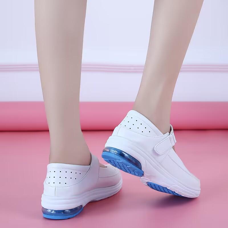 Air Cushion Nurse Shoes Women's Soft Sole Comfortable Breathable Deodorant Not Tired Feet Cowhide Spring and Summer White Strap Sandals