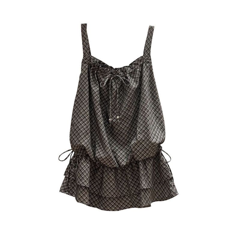 French-Style Gentle Double-Layer Ruffled Plaid Camisole for Women, 2026 Summer High-End Drawstring Tie Top Black S