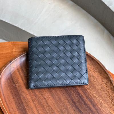 Portefeuille court en cuir de vache tressé pour homme MCBV - Porte-passeport horizontal à 2 volets ciré et gravé, style tendance