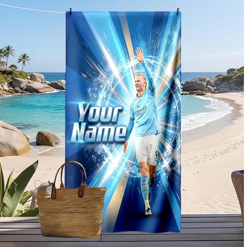Erling Haaland Personalized Printed Beach Towel Soccer Logo Support Custom Name Text Absorbent Towel For Sport Travel Special Gift
