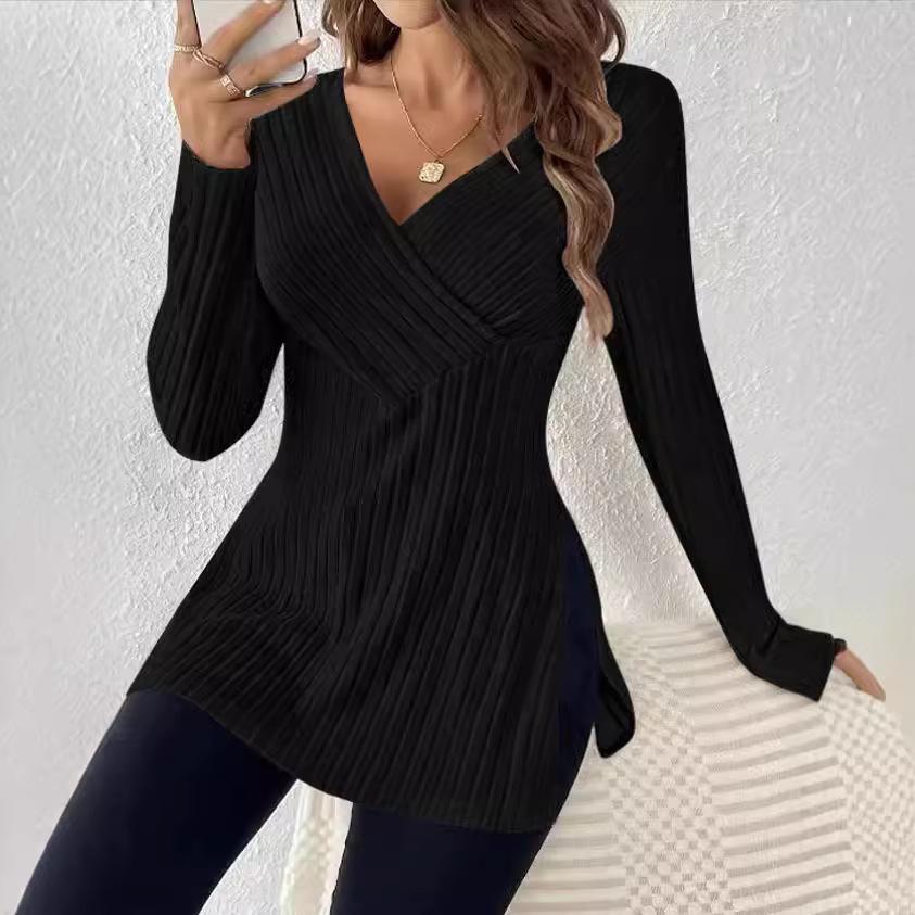 Women's Autumn and Winter New Long-sleeved Solid Color Slit V-neck Casual Home Pit Strip Comfortable Top