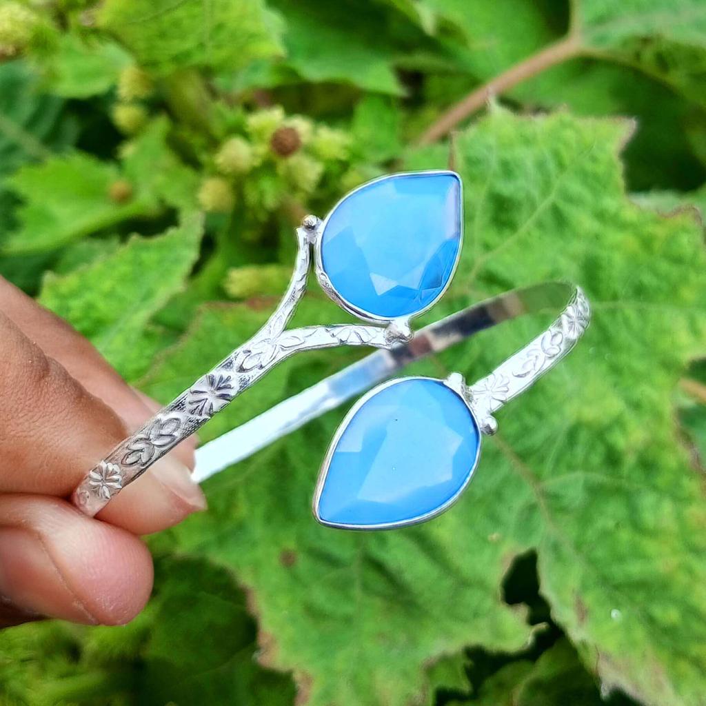 Modrý broušený skleněný drahokam 925 stříbrný ručně vyrobený náramek/náramek s nastavitelnou manžetou TACB-B4